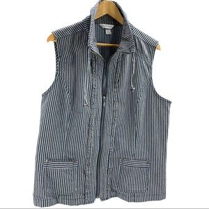 Ruffle Detailed Navy White Railroad Striped Zipper Vest